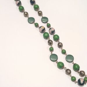 Silver Chain Green and Pink Floral Beaded Necklace